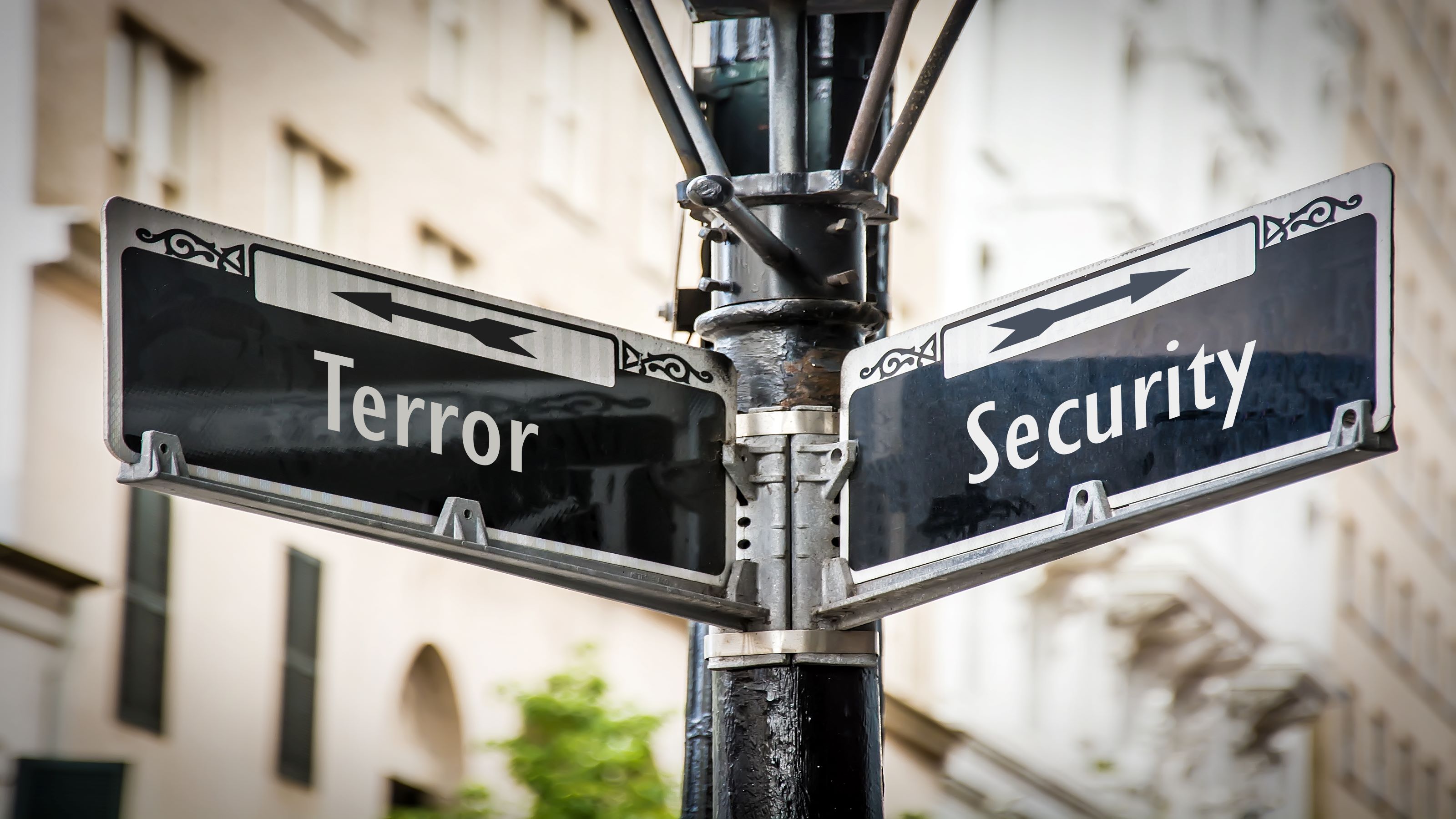 signpost with directions pointing to terror and security
