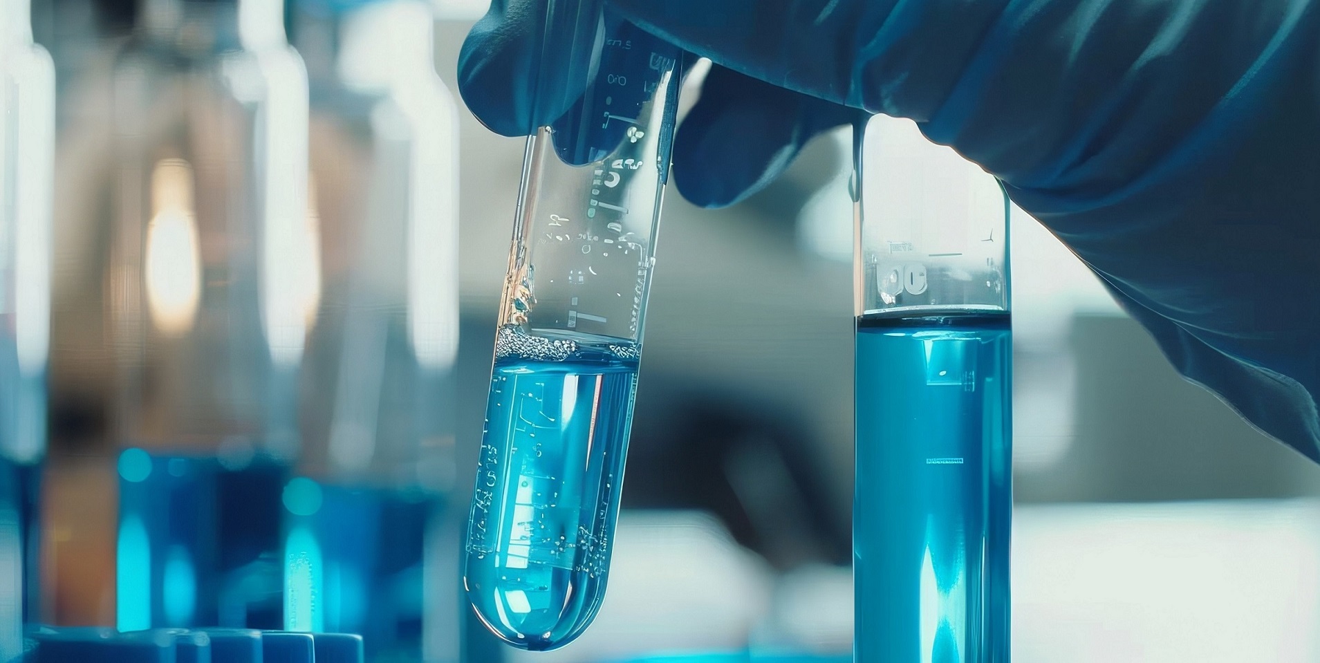 A person with blue latex gloves is holding a test tube with a blue liquid in it.