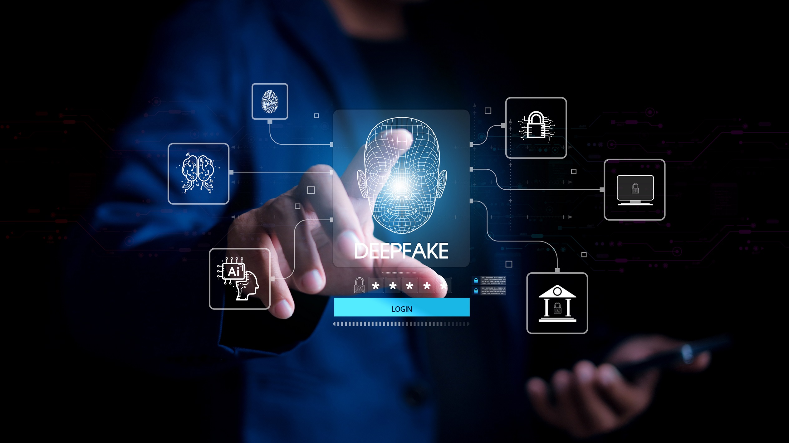 Laptop in background with illustrations of deepfake impact