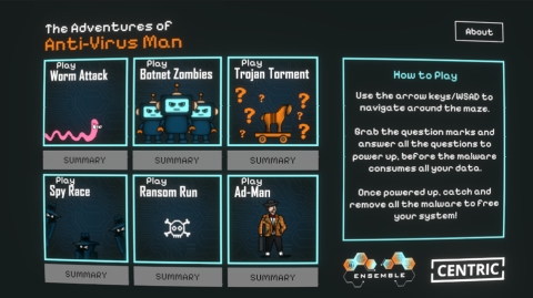 Thumbnails of Adventures of Anti-Virus Man with 'how to play' on the right hand side of image